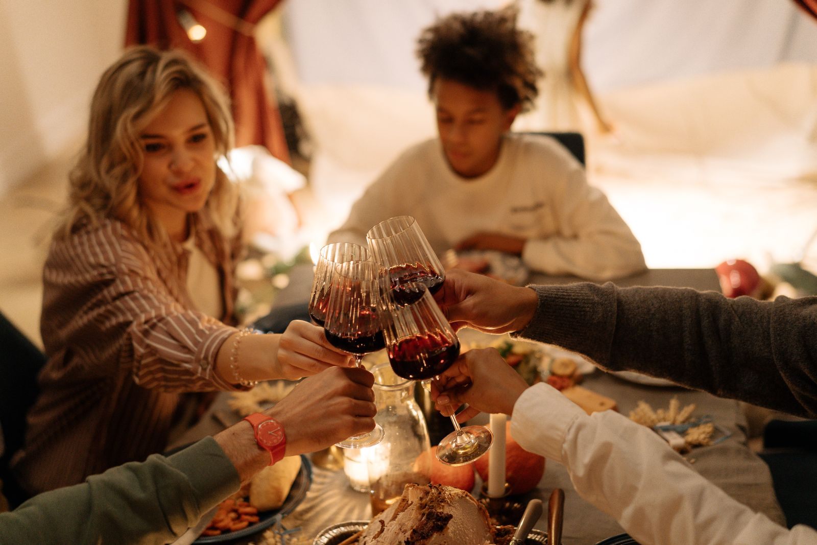 Group of friends toasting with red wine at dinner, the kind of party that books a river cruise group discount