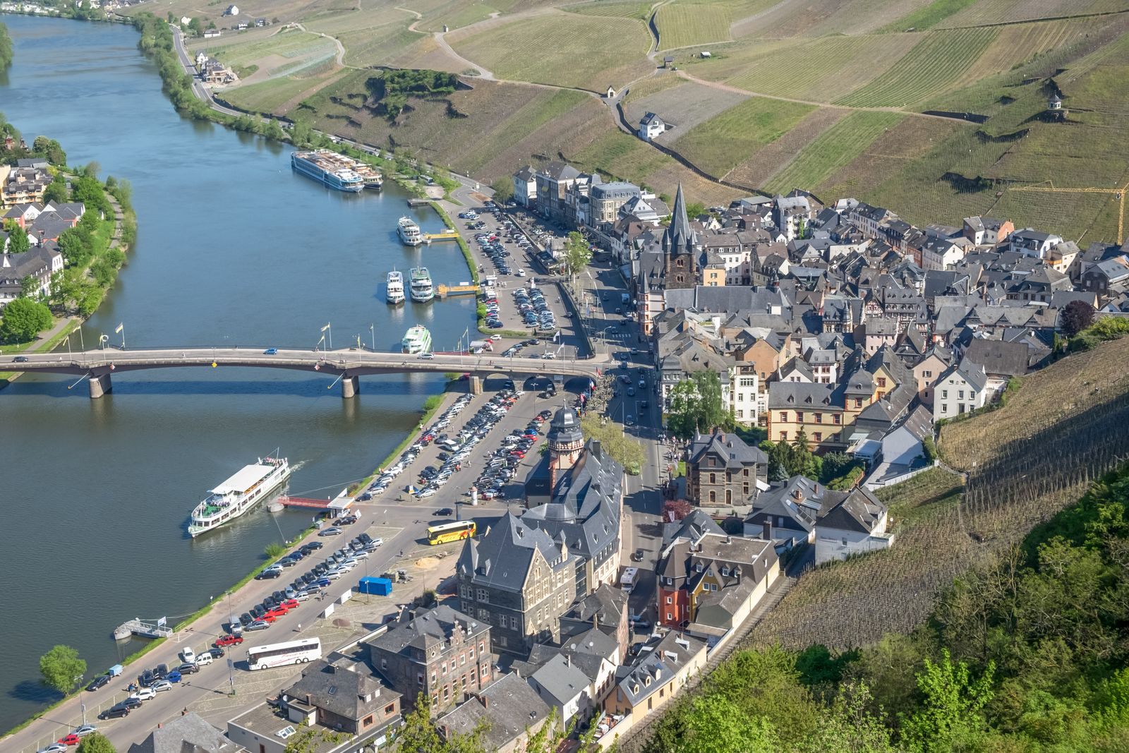 Aerial view of Bernkastel-Kues on the Moselle, a river many travelers sail on a river cruise past guest discount