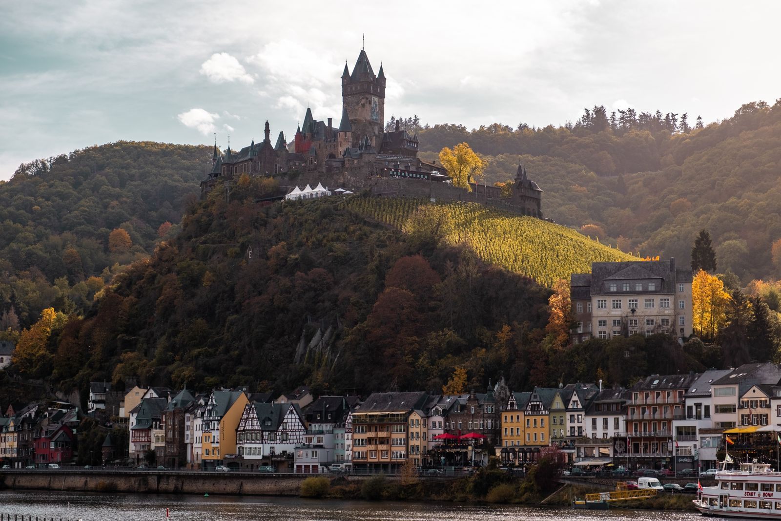Cochem castle on its hill above the town and the Moselle, a stop where local guides share in river cruise gratuities